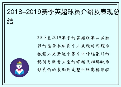 2018-2019赛季英超球员介绍及表现总结